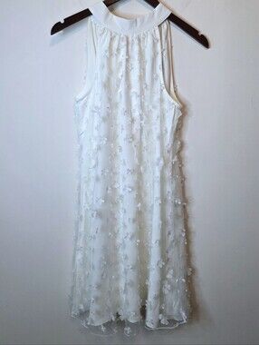 Vimpunec White 3D Floral Halter Swing Dress Size Medium Bridal Bachelorette Boho